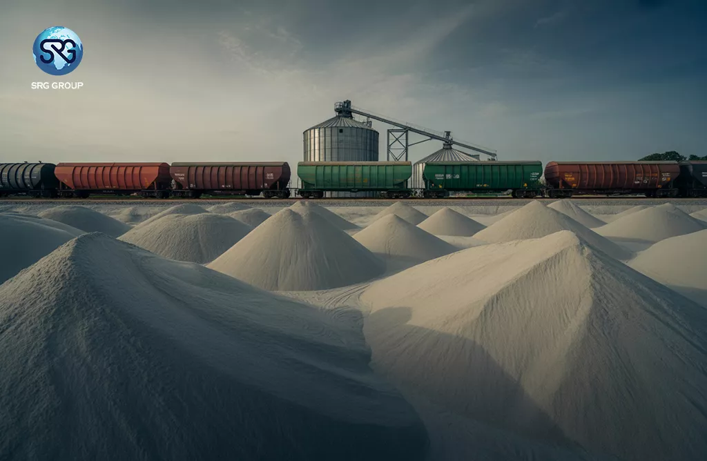Bulk industrial Material Storage Yard with Rail Freight Wagons