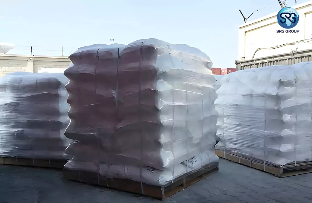 Bulk Mineral Powder Bags Stacked on Wooden Pallets