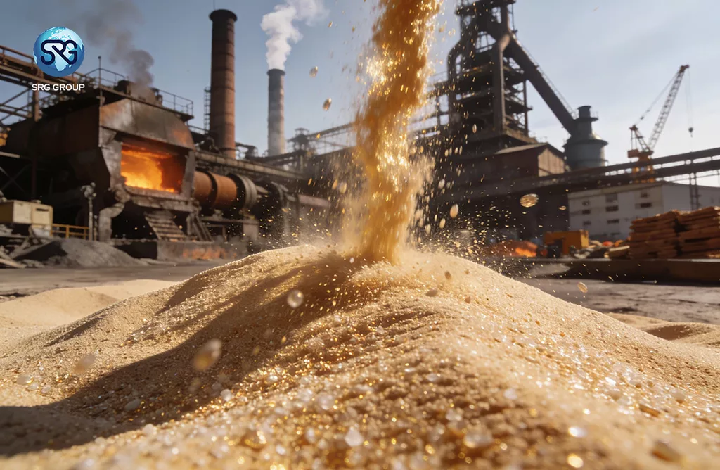   High-purity Silica Sand Pouring At An Industrial Refinery Plant.