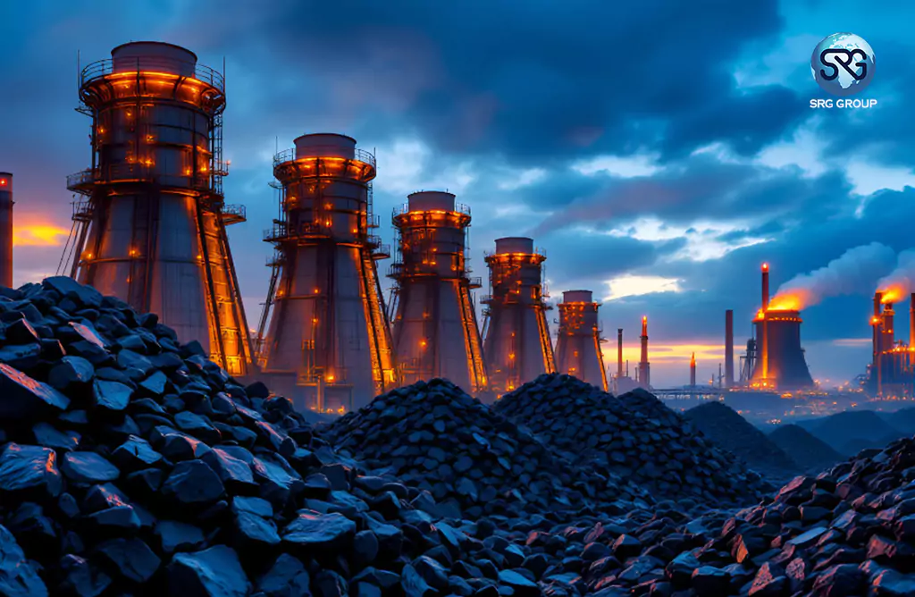 Industrial plant with piles of coke or coal and illuminated towers at dusk