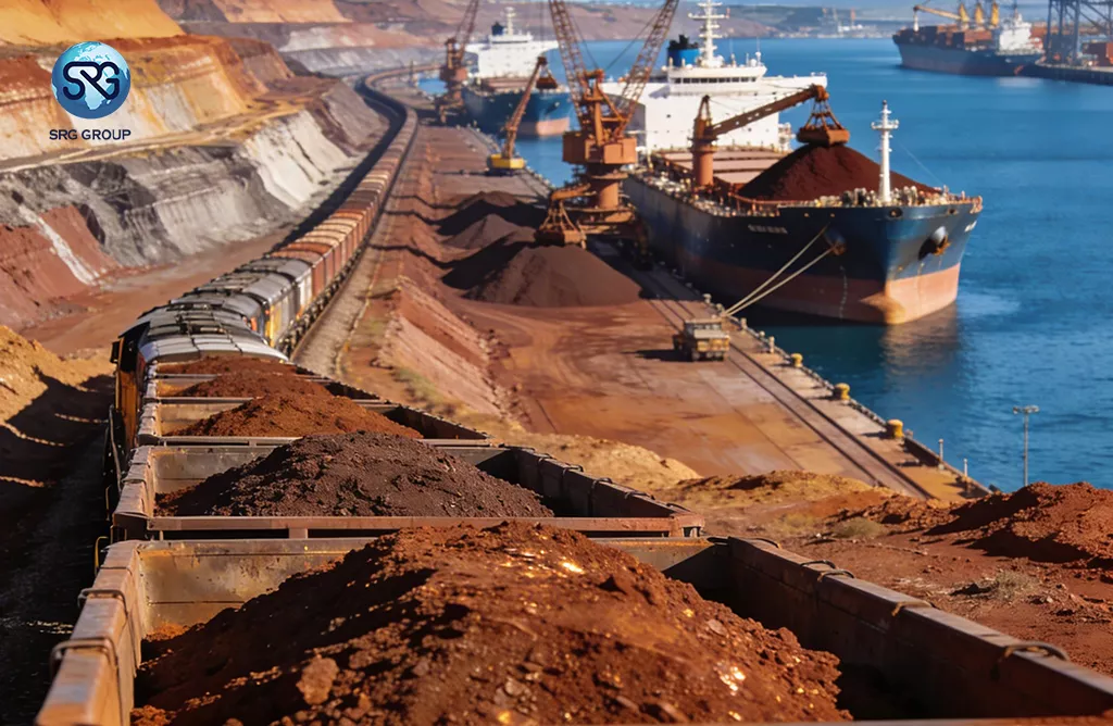 Iron Ore Loaded onto Cargo Ship at Indian Port Showcasing SRG Group Global Export Logistics.