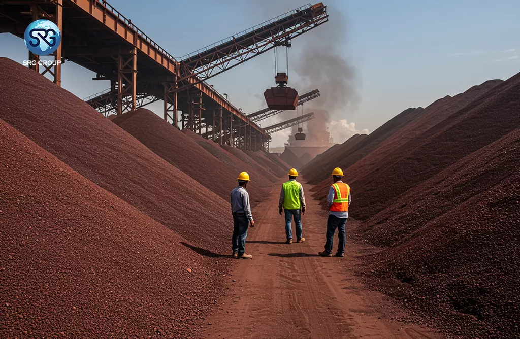 Iron Ore Stockyard with Conveyors and Workers Highlighting Trusted Iron Ore Suppliers in India