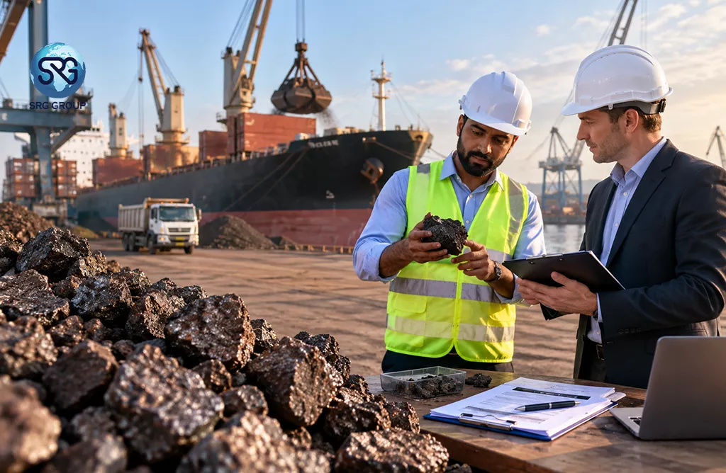 Manganese Ore Importers Inspecting Ore Quality at a Global Shipping Port