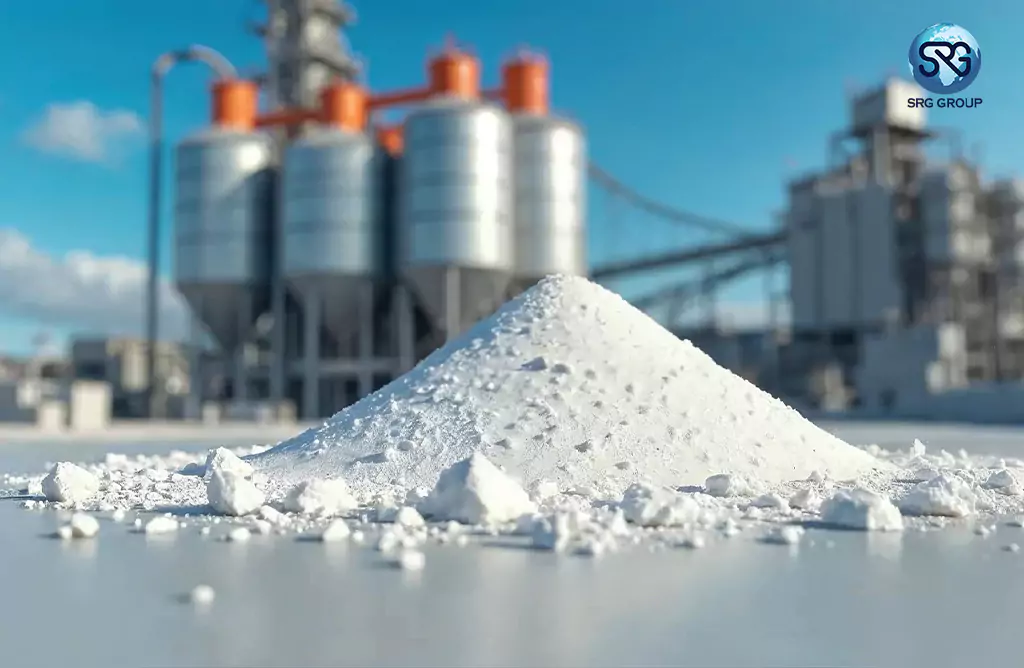 White Mineral Powder Heap with Factory Silos in Background
