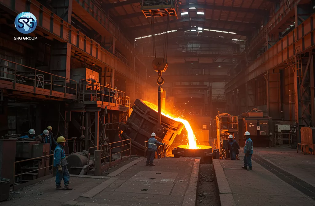  Molten steel pouring in a factory, representing SRG Group’s role in global steel production
